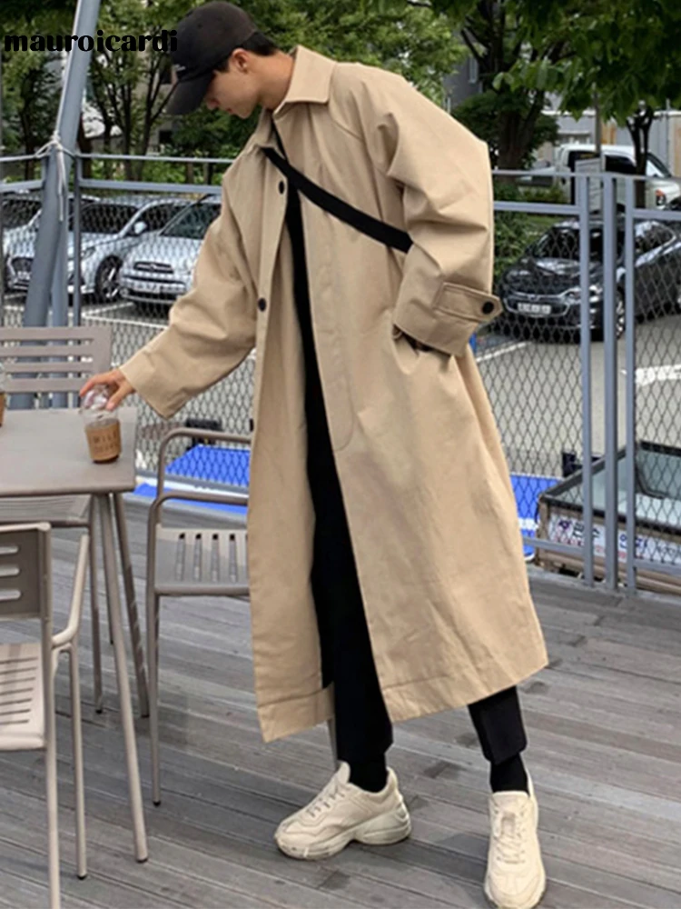 Mauroicardi Spring Autumn Long Oversized Black Khaki Trench Coat Men Raglan Sleeve Single Breasted Loose Casual Korean Fashion