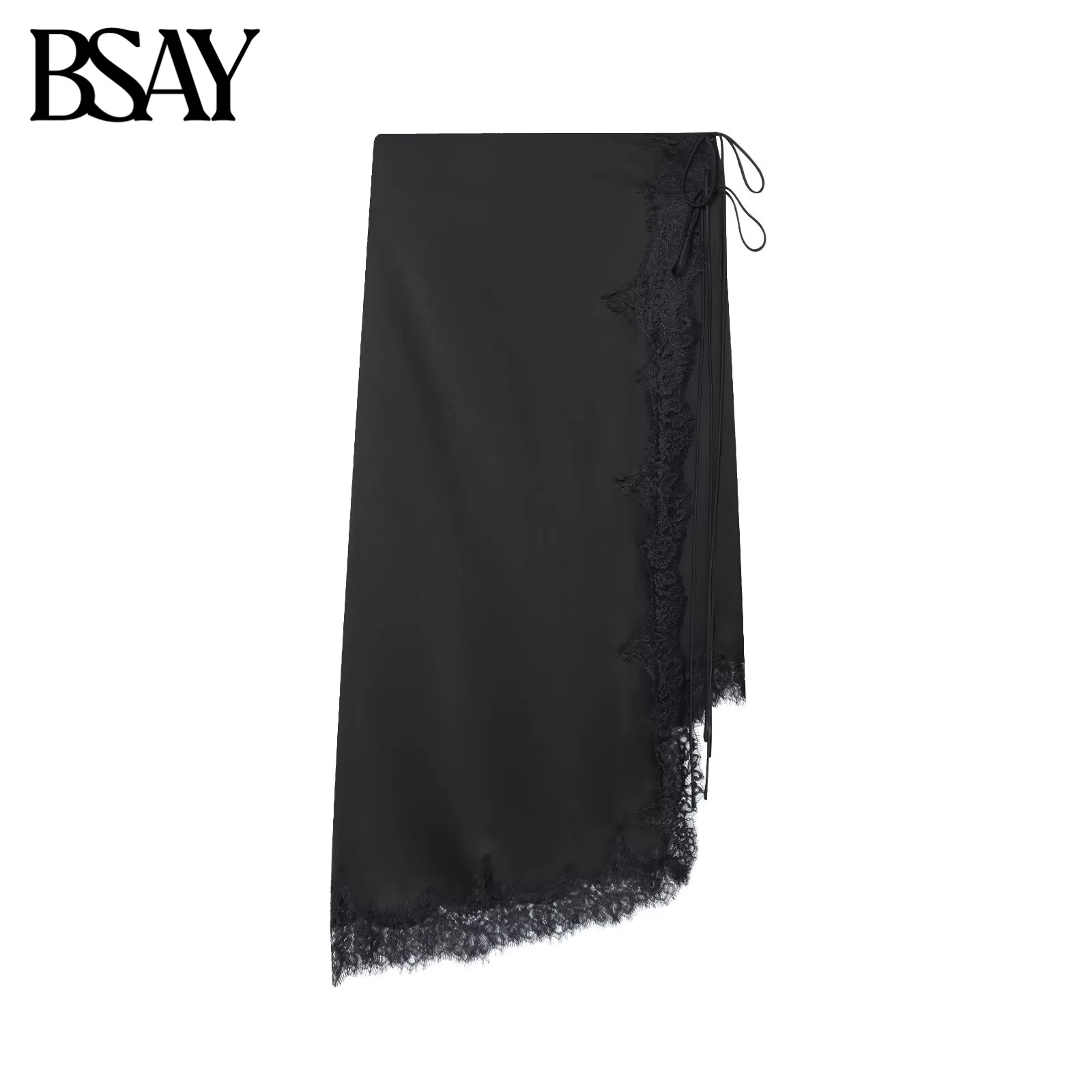 กระโปรงยาวทรงเอไลน์ผ้าซาตินลูกไม้ BSAY สำหรับผู้หญิง แฟชั่นฤดูใบไม้ร่วงฤดูหนาว ดีไซน์เรียบหรู ทันสมัย เอวสูง สง่างาม