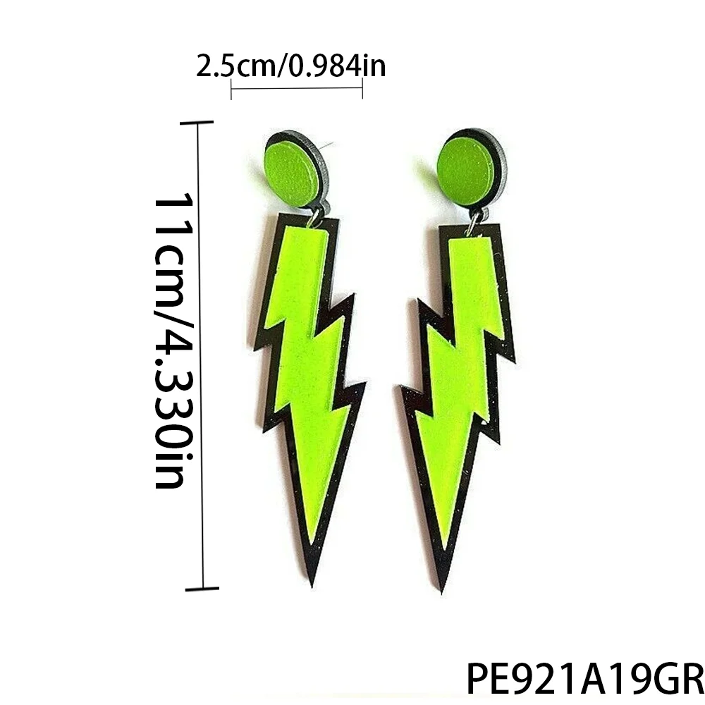 PESENAR 80년대 네온 그린 번개 모양 귀걸이 - 레트로 펑크 스타일 주얼리 롤플레잉 및 코스프레에 적합