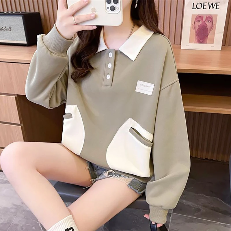 Fashion Lapel Button Spliced Pockets Sweet Polo Shirts Female Clothing 2024 Autumn Winter New Loose Korean Tops Casual Tee Shirt