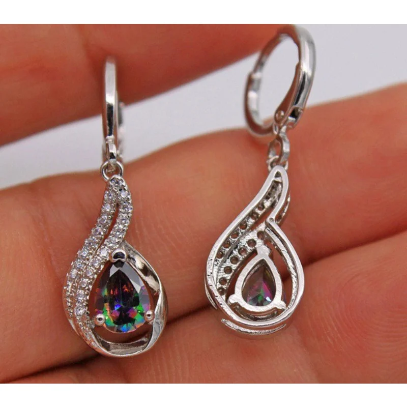 Cute Female Rainbow Water Drop Earrings Boho Silver Color Zircon Stone Earrings Crystal Long Dangle Earrings For Women