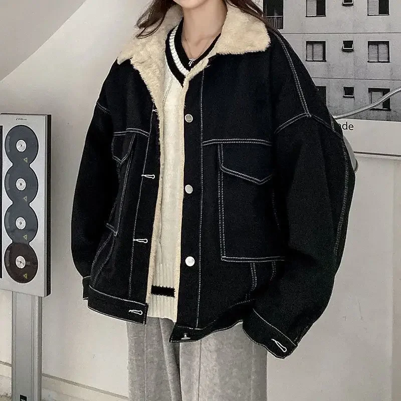 Vintage Korean Denim Wool Collar Stitching Coat Women Winter Thicken Warm Top Loose Cotton Jeans Jacket Street Lamb Wool Outwear