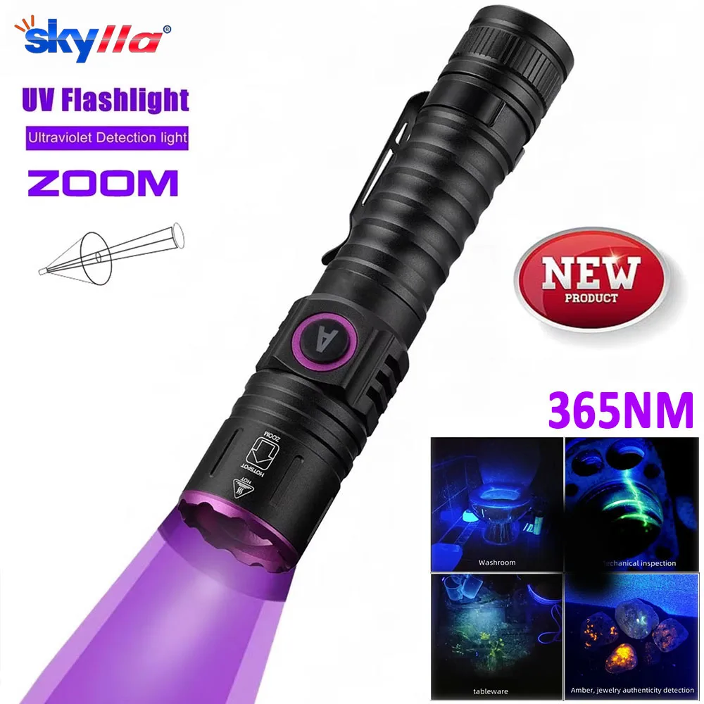 lanterna-uv-365-395nm-zoom-type-c-usb-recarregavel-luz-preta-para-identificacao-deteccao-de-urina-de-animais-de-estimacao-escorpion-com-bateria