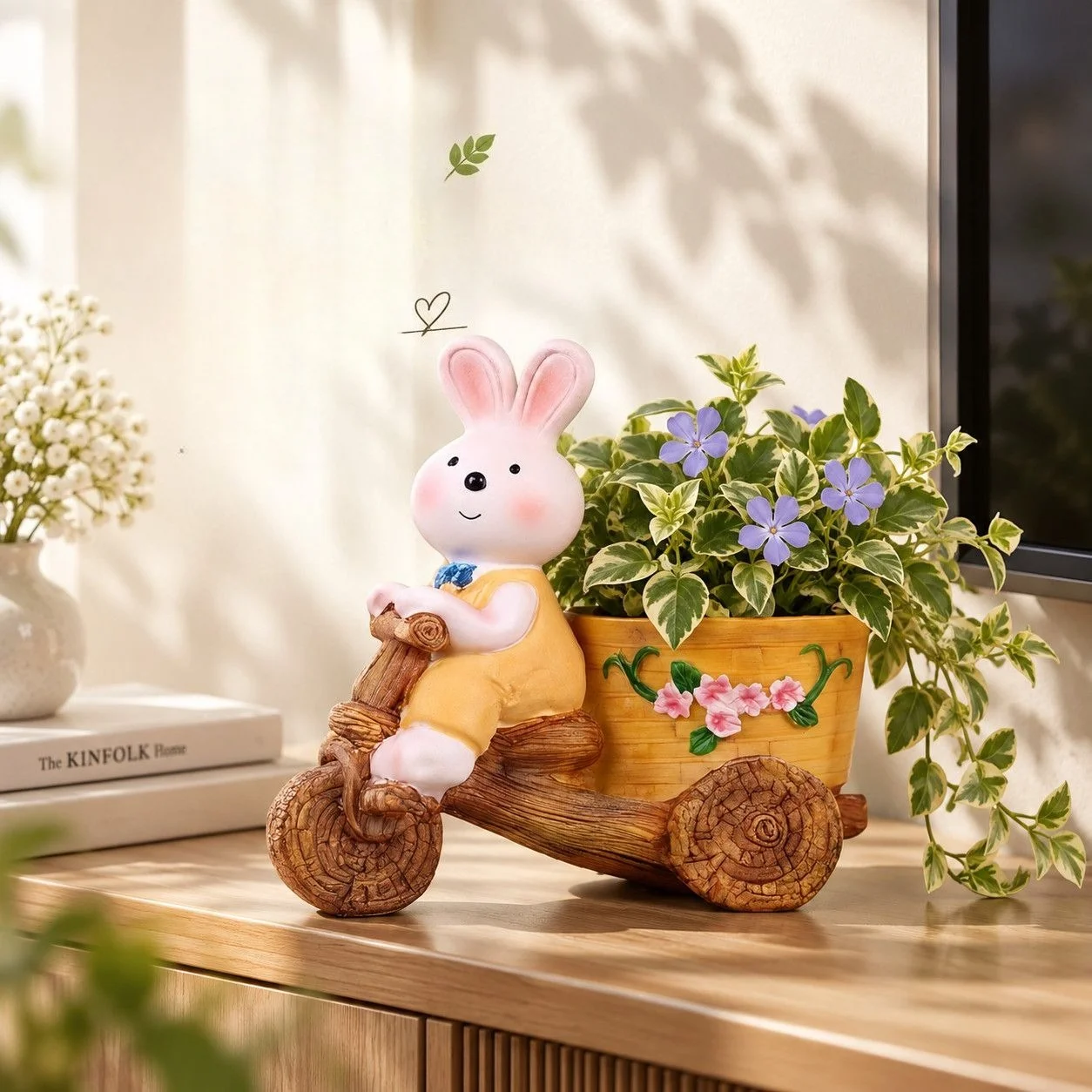 Cartoon Rabbit Riding Bike Planter,personality Flower Pot for TV Cabinet Balcony, Outdoor Garden Creative Planting Pot Ornament