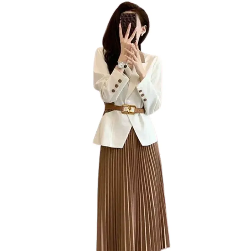 2024 Winter Elegant Fashion Harajuku Slim Fit Matching Sets Loose Casual All Match Long Sleeve Suit Pleated Skirt Two Piece Set