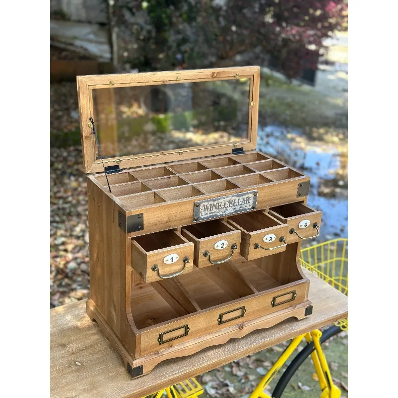 Country Style Retro Small Furniture Extra 15 Grids Solid Wood Glass Treasure Cabinet Jewelry Cabinet Storage Cabinet