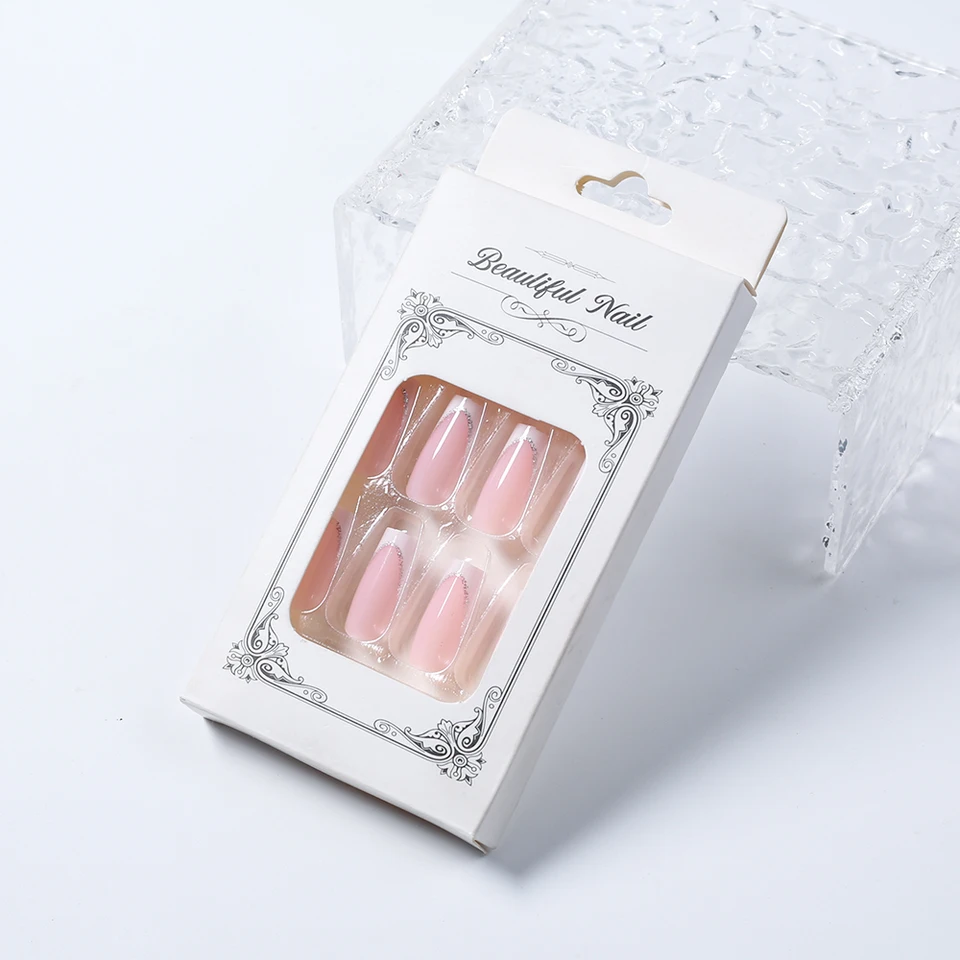 24pcs uñas postizas cortas cuadradas tipo ataúd francesas con brillo, uñas acrílicas de cobertura completa para mujer, ballet, uñas press-on 4