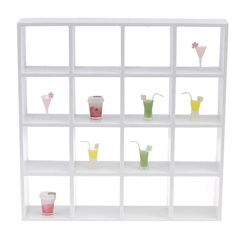 1: 12 رف تخزين خشبي مصغر لبيت الدمى 16 رفوف شبكية أبيض أبيض رف تخزين أثاث بيت الدمية ديكور أسود متين