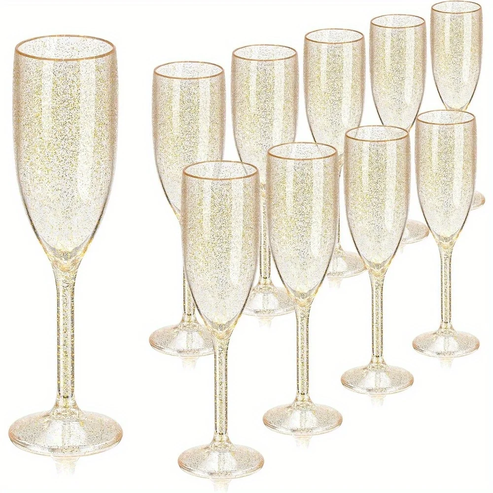 

10pcs Clear gold glitter Champagne Flutes Plastic Wine Glasses Bulk Vintage Mimosa Bar Glasses Stemmed Drinking Cups 5.4OZ