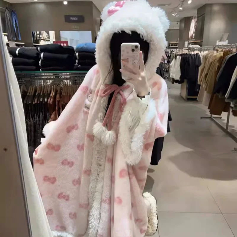 Hello Kitty Coral Velvet Nightgown Female Autumn Winter Sweet Lovely Warm Pajamas Cape Flannel Home Soft Clothes Girl Gift