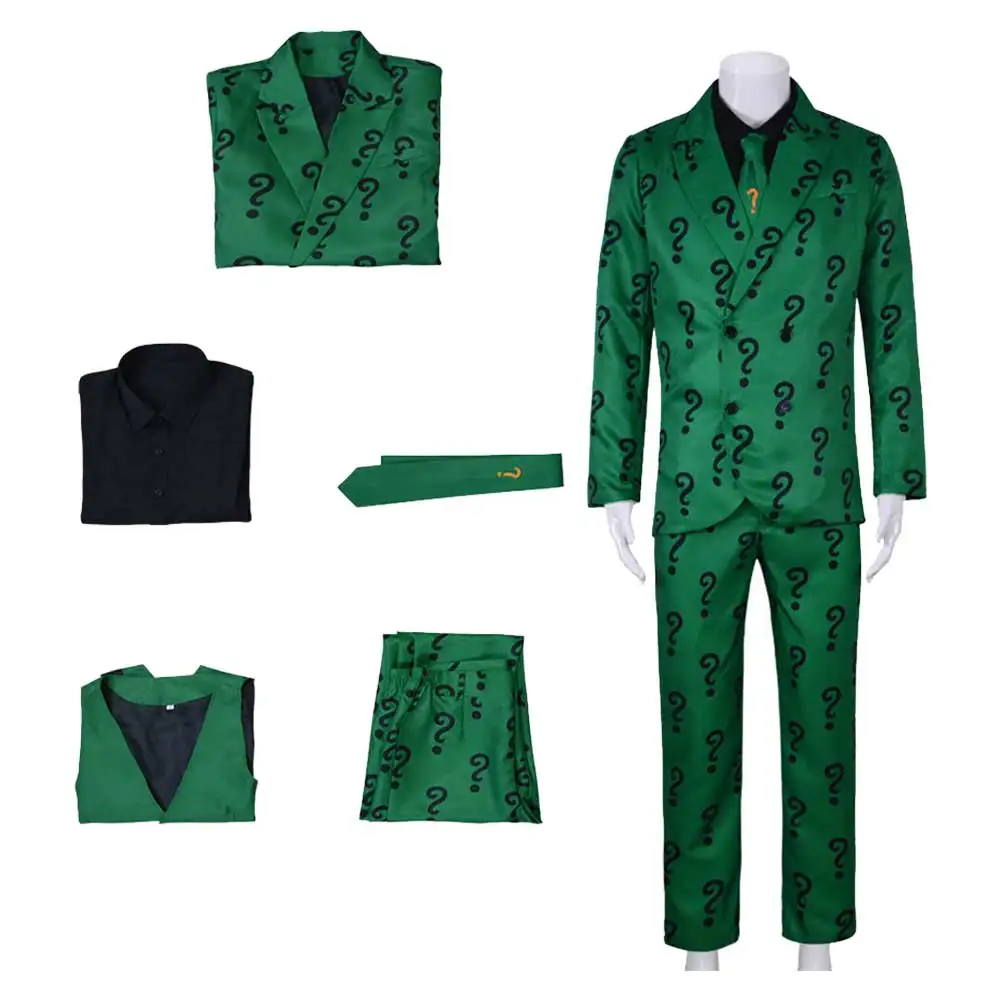 TV Riddler Cosplay Costume Fantasy Uniform Shirt Coat Pants Tie Mask Adult Men Outfits Halloween Carnival Party Disguise Suit