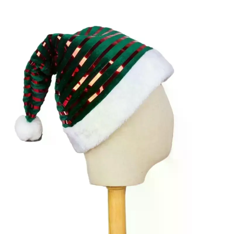 قبعات عيد الميلاد مع خطوط لامعة باللونين الأحمر والأخضر قبعات سانتا المخملية لتزيين أغطية الرأس الاحتفالية #4