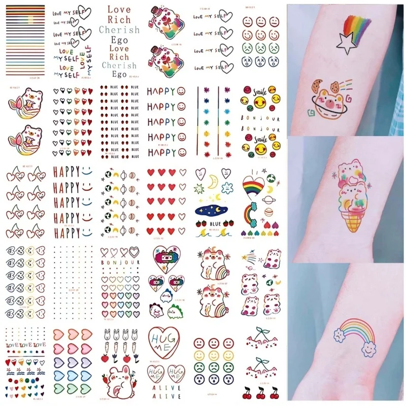 30pcs/set Korean Temporary Tattoos Stickers Colored Line Bear Dot Fake Tattoos for Girls Womens Finger Tatouage Femme Temporaire