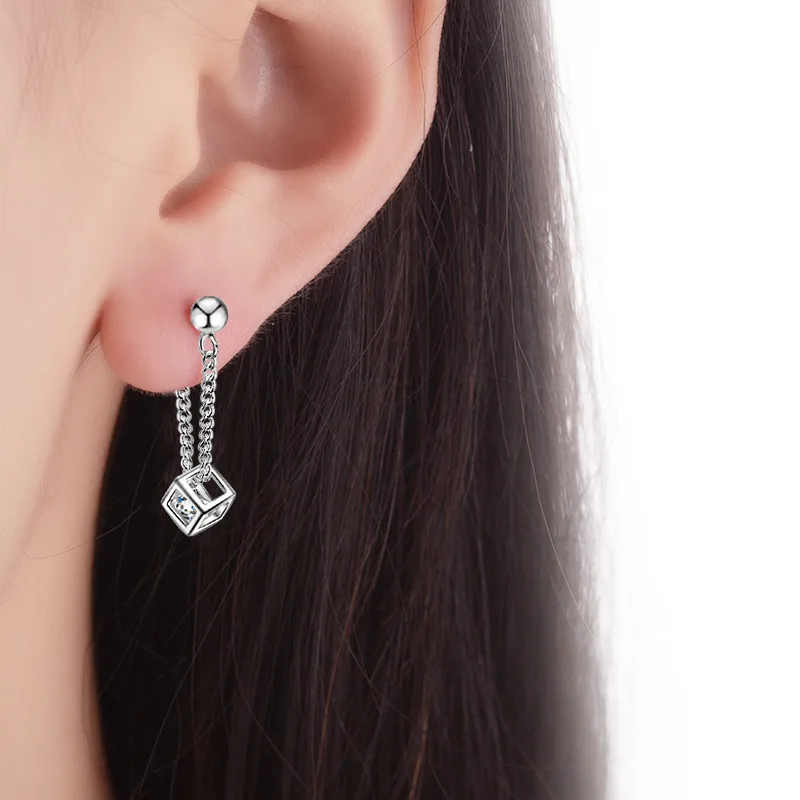 Simple Elegant 925 Silver Cube Love Window Zircon Tassel Sugar Drop Earrings for Women Sterling Brincos Oorbellen Best Gift