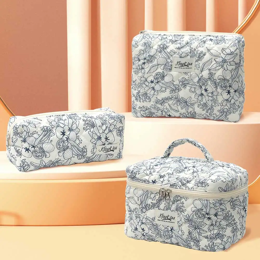 3 قطعة حقيبة مستحضرات التجميل الأزهار المطبوعة المرأة مبطن حقيبة مستحضرات التجميل سعة كبيرة سستة إغلاق الفتيات القطن حقيبة التخزين مجموعة