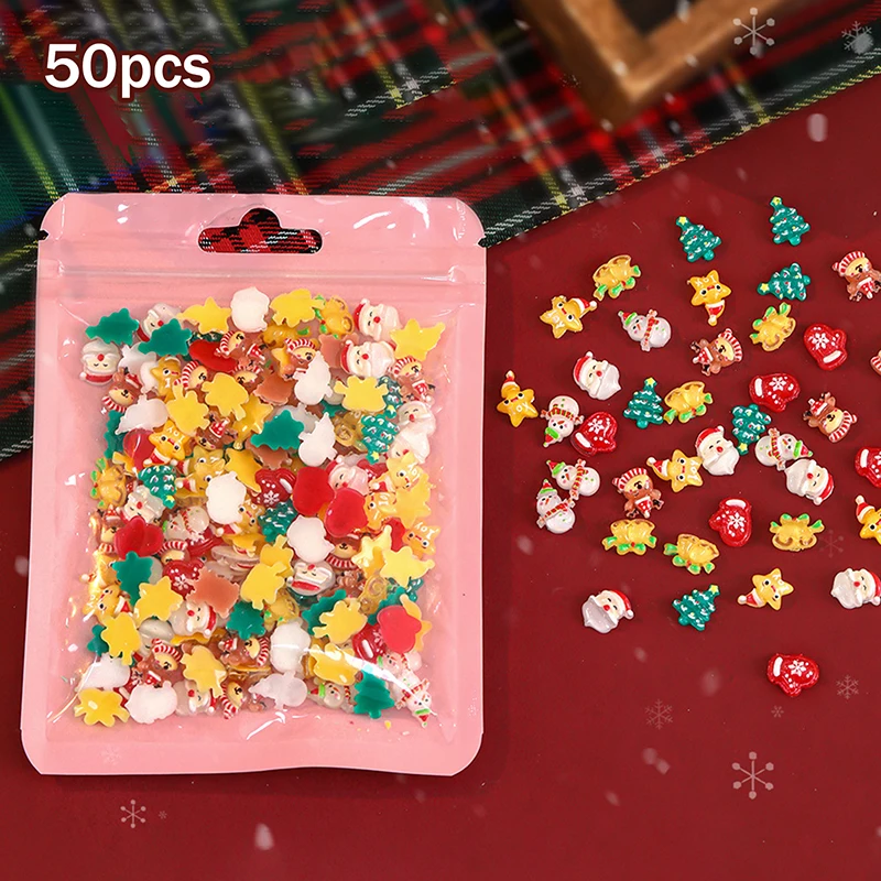 50Pcs Cute Cartoon Resin Christmas Series Nail Charms Santa Claus Snowman Reindeer Nail Art Decoration For Manicure DIY