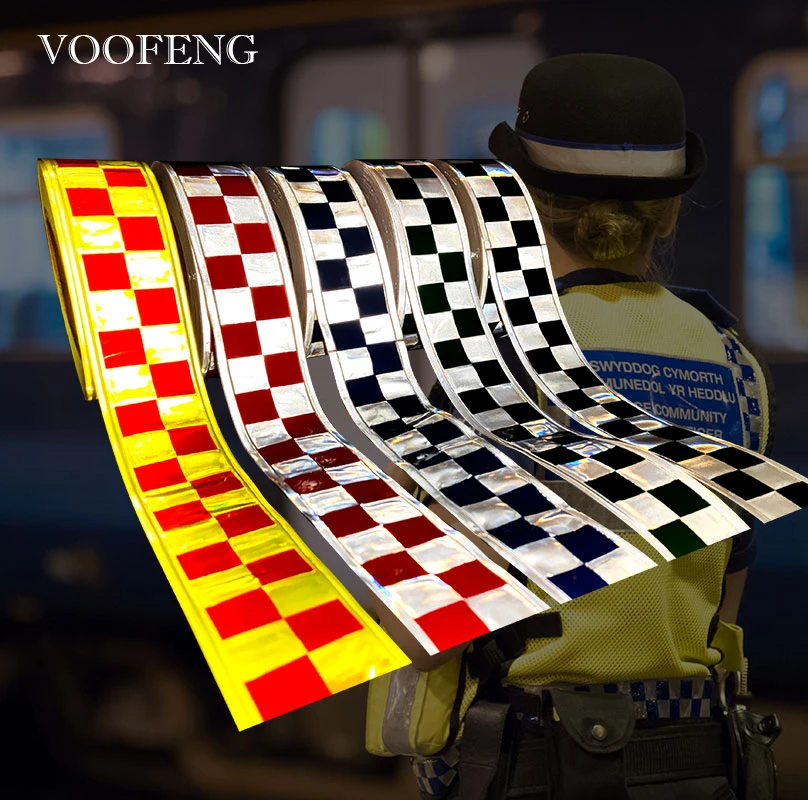 

VOOFENG Print Checker Microprismatic Reflective PVC Tape Sewing on Clothes Bag Police Workwear Warning Tape Reflector 5cm Width