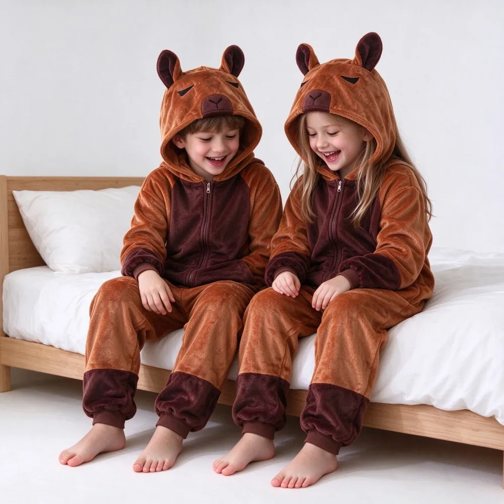 Winter Kids Fleece Animal Jumpsuit Capybara Bear Hooded Onesie Pajamas Unisex Children Cosplay Costume For Birthday Party Gift