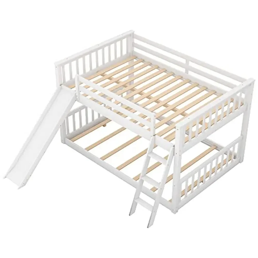 Full Low Bunk Bed with Slide and Ladder Kids Boys Girls White Pine Wood Convertible Floor Bunk Bed Modern Design No Box Spring