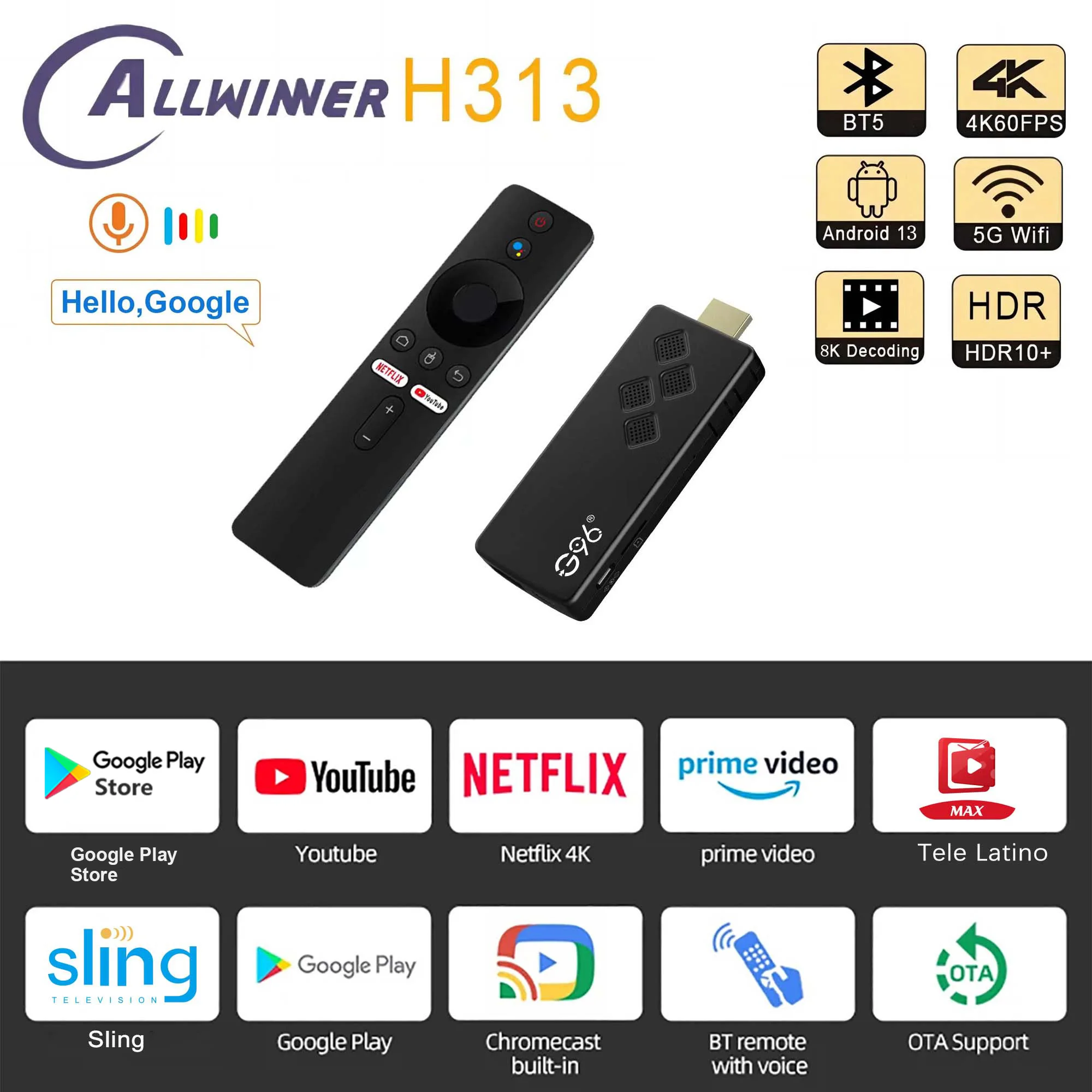 Android13 Smart TV Stick Netflix IATV Youtube reproductor multimedia de Streaming 4K HDR10 + Asistente de Google Dual 2.4G5GWifi multilenguaje Q2