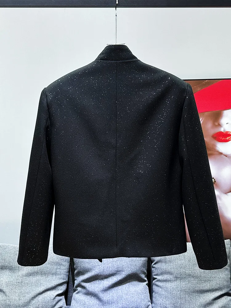 Men's 2024 Autumn New High Street Design Suits Full Body Sequin Stand Collar Jackets Men's Shoulder Padded Short Suit Jackets