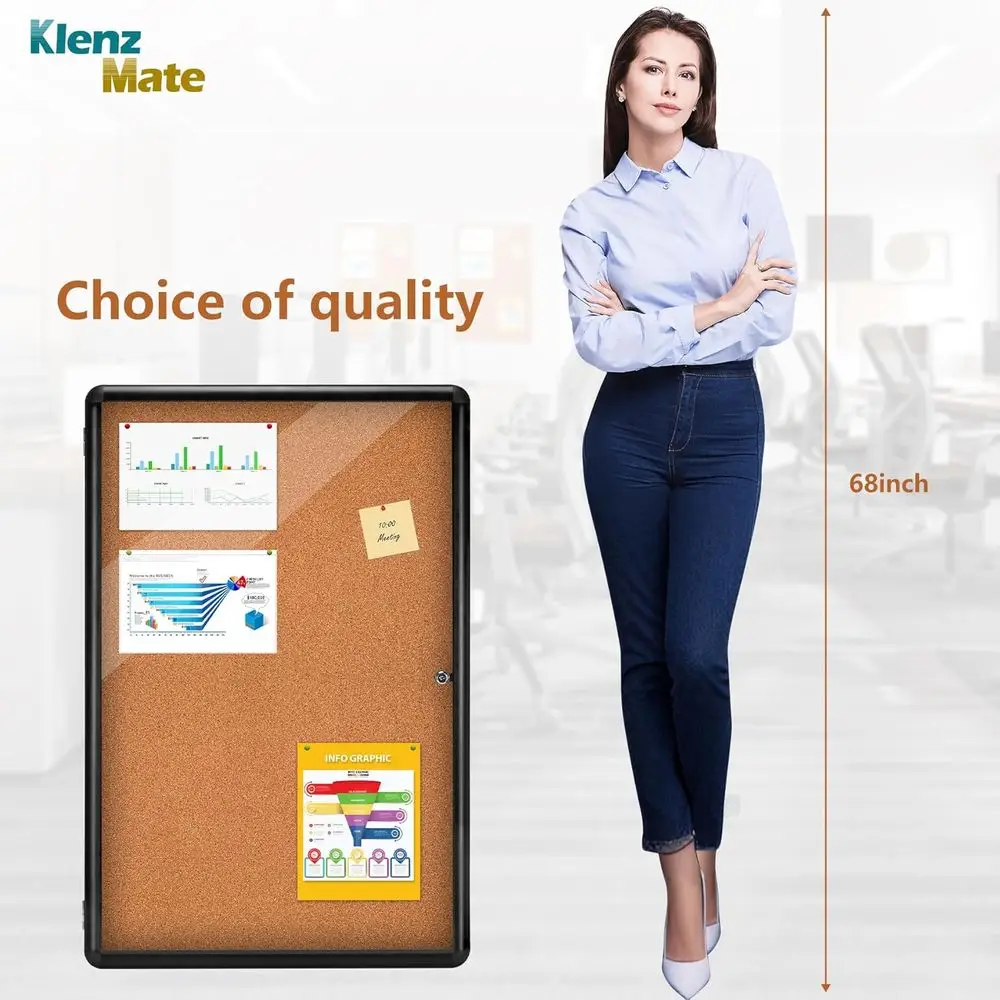 لوح فلين مغلق بإطار من القماش البني والألومنيوم الأسود ومقاوم للكسر مع باب أكريليك قابل للقفل للتعليم والمكتب،