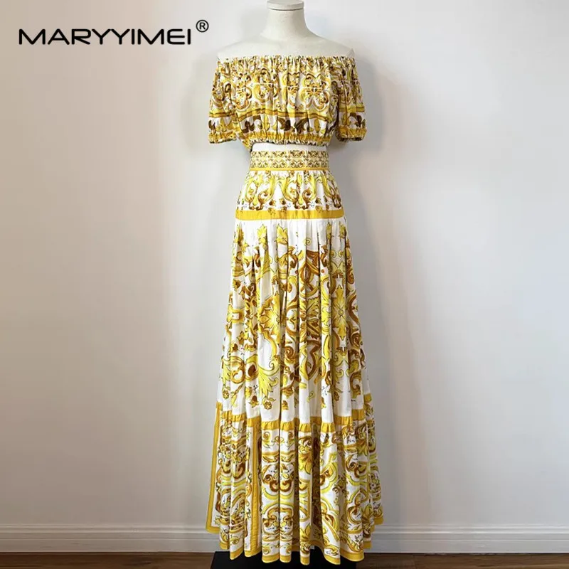 

MARYYIMEI Fashion Design Summer Women's Suit Slash Neck Short-Sleeved Tops+Pleated Skirt Baroque printed Cotton Two Piece Set