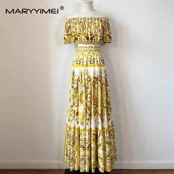 MARYYIMEI Fashion Design Summer Women's Suit Slash Neck Short-Sleeved Tops+Pleated Skirt Baroque printed Cotton Two Piece Set