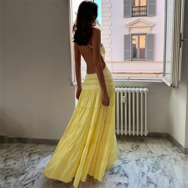Boho Style Pure Ruffle Pleated Maxi Dress for Women Sexy Halter Backless Hollow Long Dress Summer Casual Loose Sling Party Dress