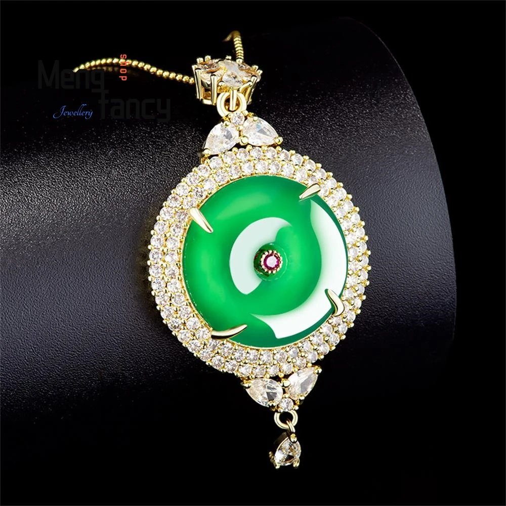 Genuine Natural Green Agate Peace Buckle Copper With Gold Plating Ice Jade Pendant Exquisite Fashion Luxury Jewelry Holiday Gift