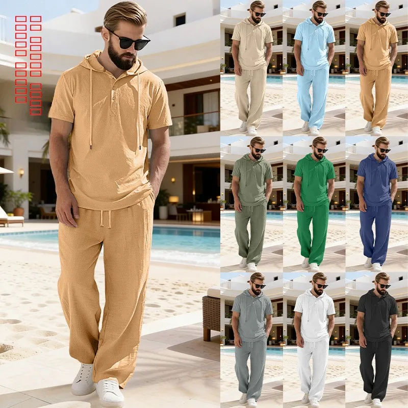 

Мужской повседневный комплект: рубашка с капюшоном на пуговицах с коротким рукавом и брюки из хлопка. Летняя коллекция. Новинка для трансграничной торговли.