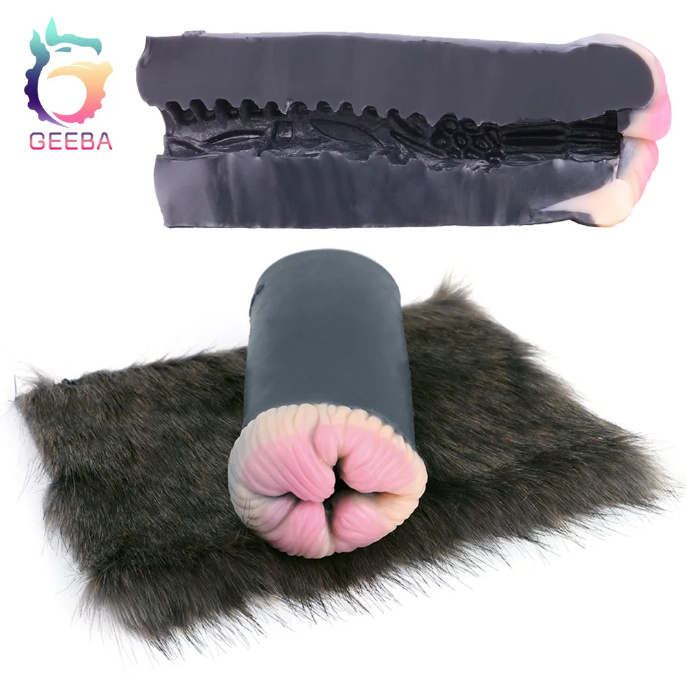 GEEBA Realistic Cat Pocket Pussy Stroker Sex Toy For Men Fantasy Silicone Male Masturbator In Fur Vagine Onahole Furry Sex Doll