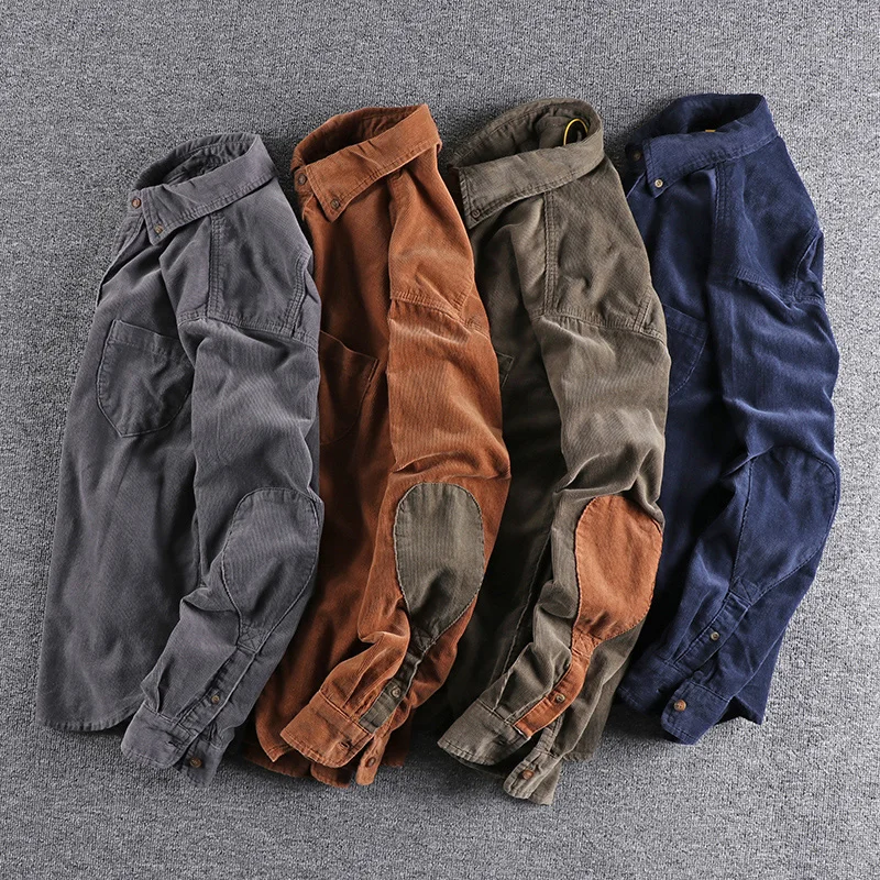 Spring and Autumn New American Retro Corduroy Solid Color Cargo Shirt Men\'s Pure Cotton Long-sleeved Pocket Casual Blouses Coat