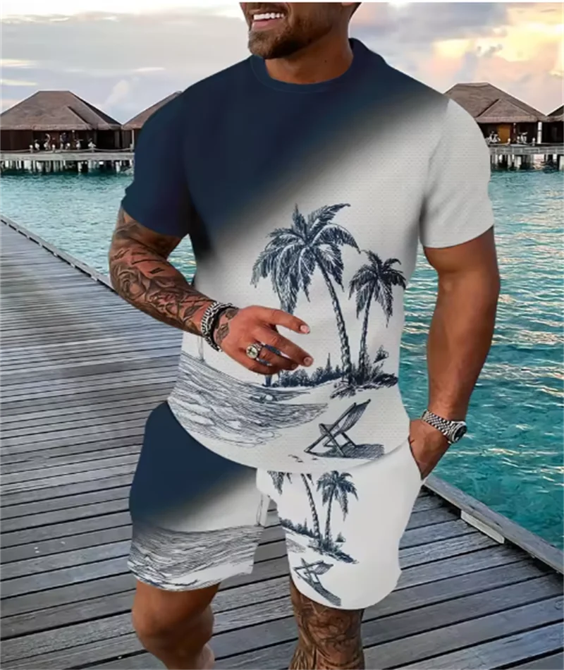 Summer 2 Piece Casual Everyday Men's Short Sleeve Shorts Set Hawaiian Printed Men's T-shirt Outdoor Sports Men's Beach Shorts