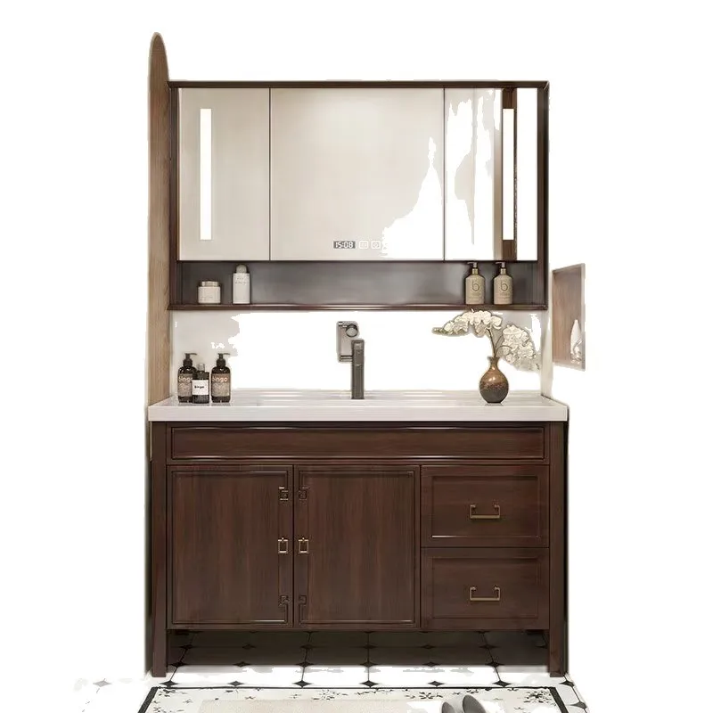 New Chinese oak bathroom cabinet, smart mirror cabinet, solid wood integrated ceramic floor-to-ceiling sink