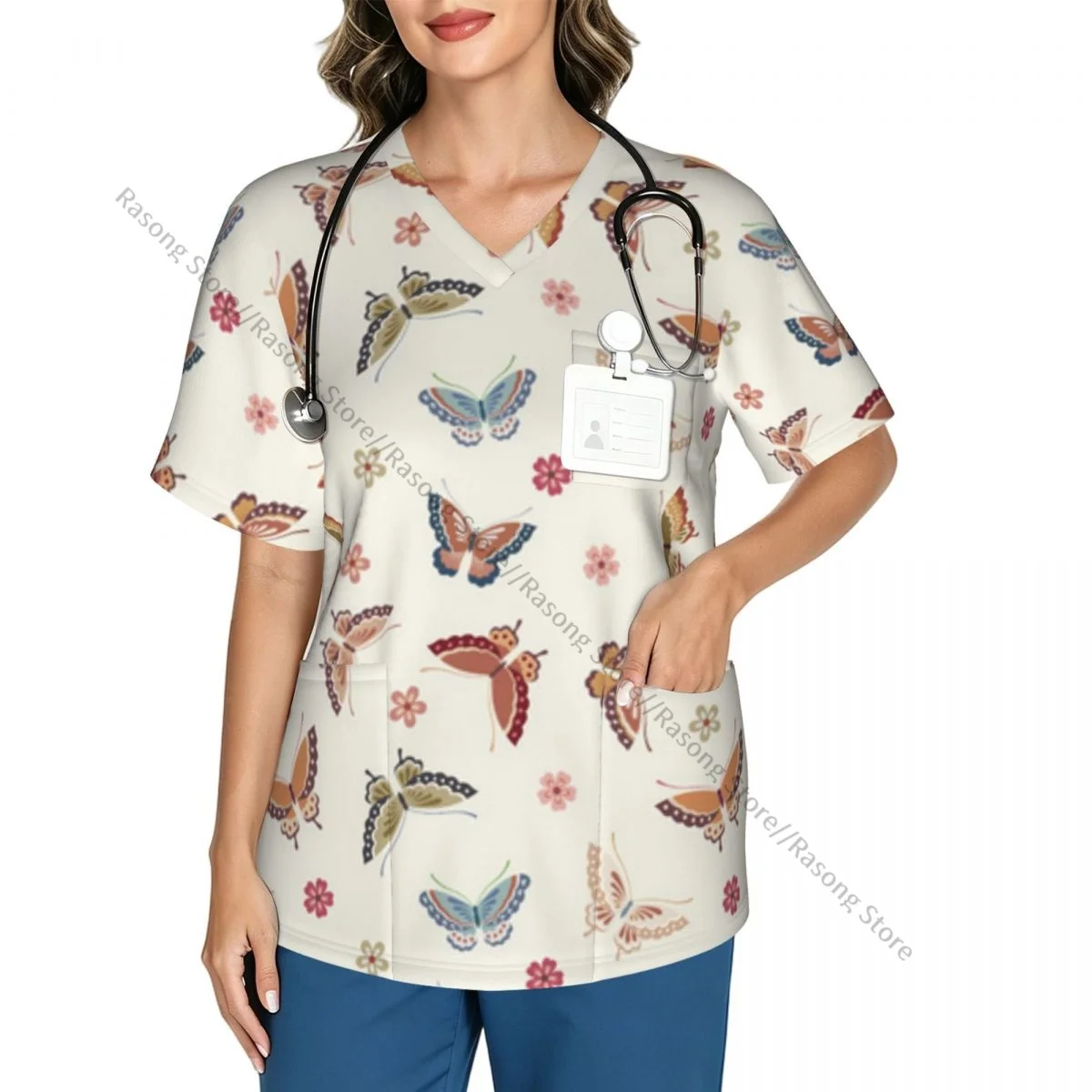 Women Scrubs Blouse Medical Nurse V-neck Clinical Scrubs Top Colorful Japanese Butterflies Flowers Operating Room Work T-shirt