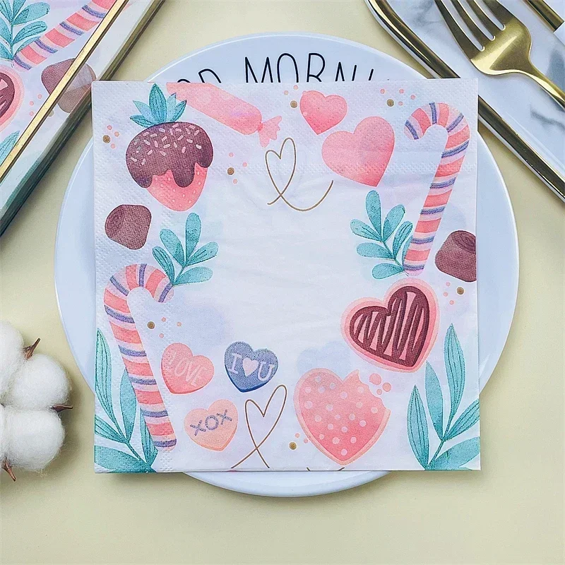 Printed Napkins Hotel Restaurant Pink Strawberry Love Square Napkin Mouth Cloth Valentine's Day Tanabata Coloured Paper Towels