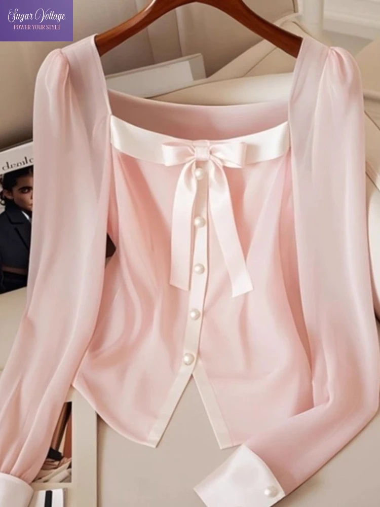 

Французская милая шифоновая блузка женская осенняя розовая с длинным рукавом и квадратным вырезом с бантом Элегантный мягкий романтический повседневный наряд в корейском стиле