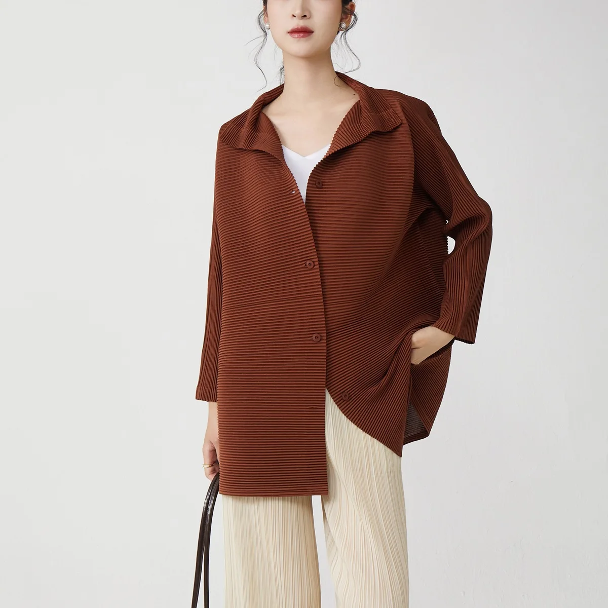 

Новинка весны и лета 202, женская куртка Miyake Premium Sense, однотонный плиссированный кардиган с лацканами и длинными рукавами, топы большого размера
