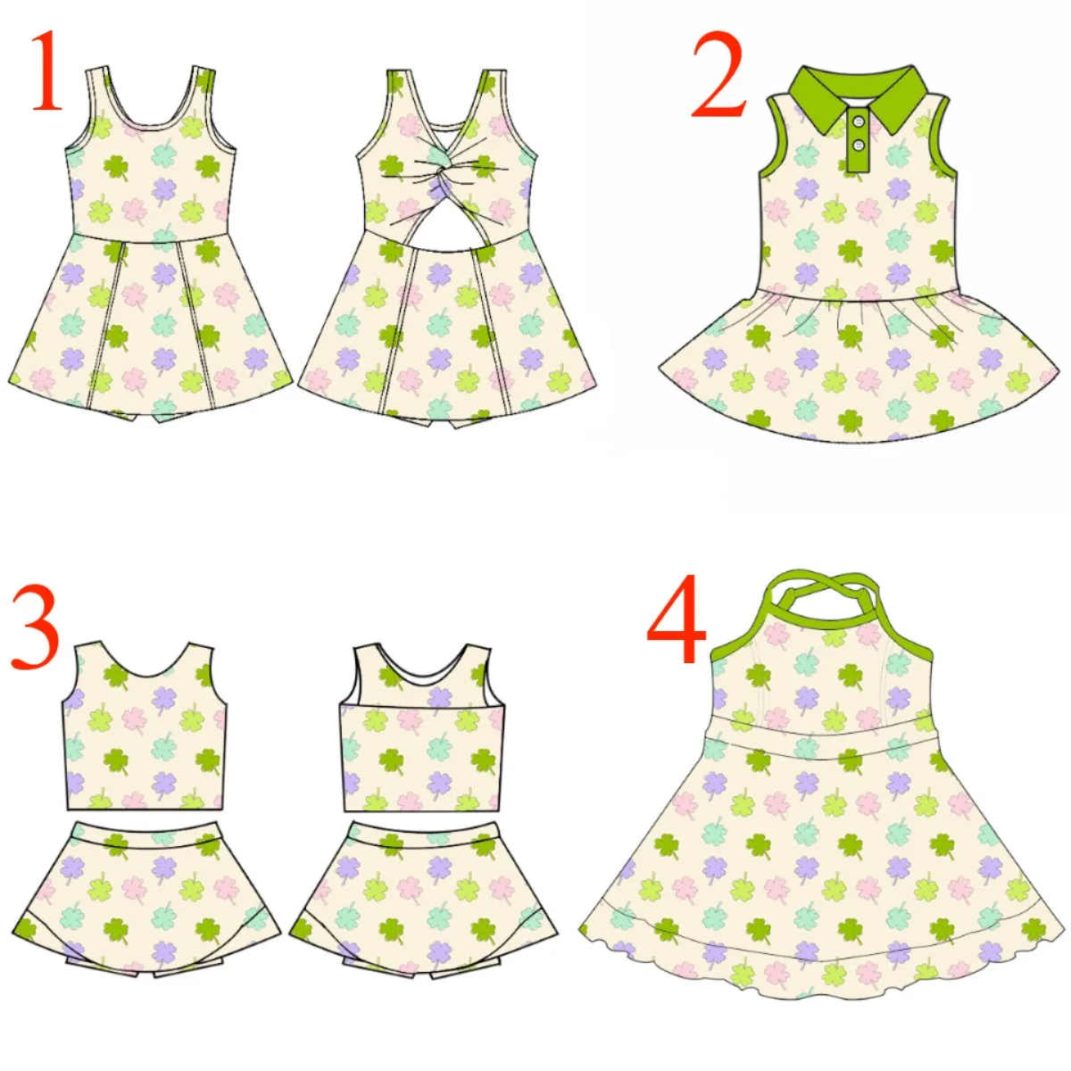 

St. Patrick's Theme Cross-Strap Ruffle Dress Four-Leaf Clover Print Milk Silk Fabric Wholesale