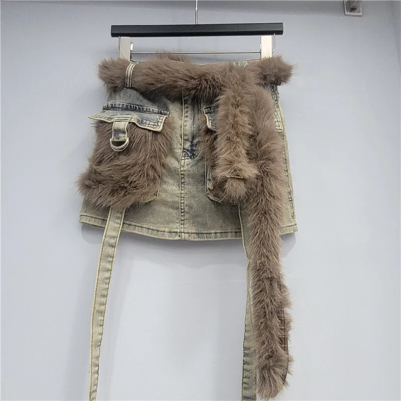 WTHT 2025 Winter Mode Nieuwe vrouwen Gesplitst Pluche Lint Cargo Denim Rokken Hoge Taille Wrap Hip Mini Rok Vrouwelijke 1LS 2760