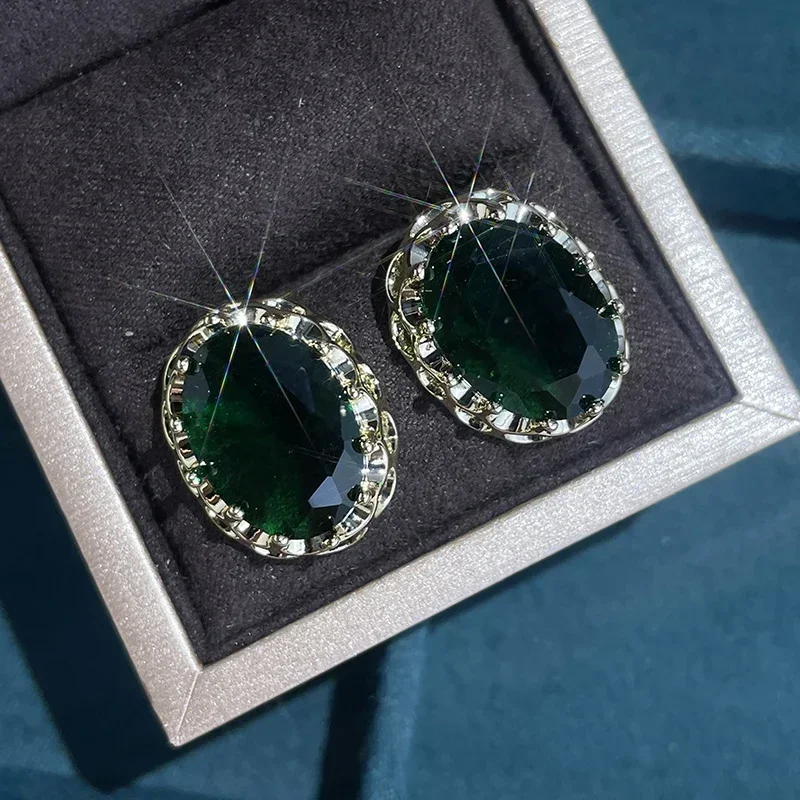 European and American Retro French Cake Edge Emerald Oval Zircon Temperament Earrings Hong Kong Style Jewelry For Women