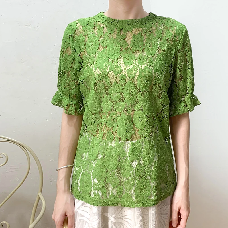 

Retro Countryside Casual Lace See-tough Hollow out Five-quarter Sve Blouse Women Summer Top Commute Sle Straight Cut