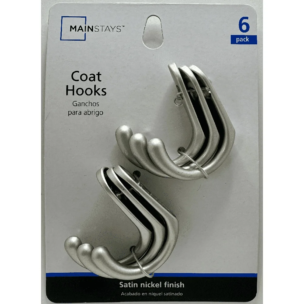 Kleiderhaken aus satiniertem Nickel-Metall, 6er-Pack, robuste, an der Wand montierte Aufbewahrung von Handtüchern, Jacken, Taschen, Schlüsseln, einfache Installation