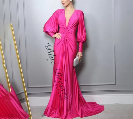 

customized Pink Soft Stain Evening Dress Mermaid Sexy Charming Prom Dresses Pleat Party Dress with Long Sleeves 프롬 드레스