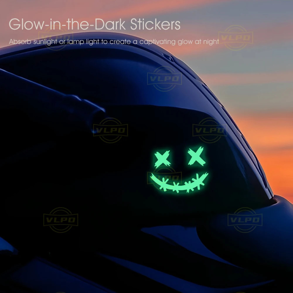 2 PCS Motorcycle Glow Stickers Waterproof Demon Smiling Face Decals Motorbike Helmet Body Side Boxes Decoration Accessories image 2