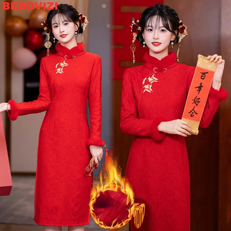 New Style Fleece Chinese Style Red Cheongsam Fashion Tradition Women Chinese Wedding Dress Girl 3XL 4XL