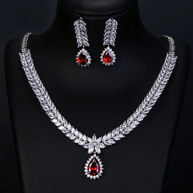 

Bride Wedding Jewelry Sets 2pcs Earrings Necklace White Zircon Leaf Chain Red Green Blue Water Drop Jewelry Anniversary Gift