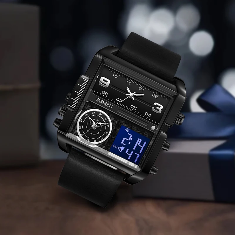 

YASHIDUN модные наручные часы квадратные часы с большим циферблатом для мужчин цифровые светодиодные кварцевые наручные часы деловые часы хронограф кожаный ремешок