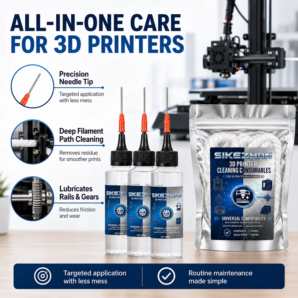 3D Printer Maintenance Kit Lubricant Oil with Precision Needle & Extruder Filament Path Cleaning Strips Parts Accessories